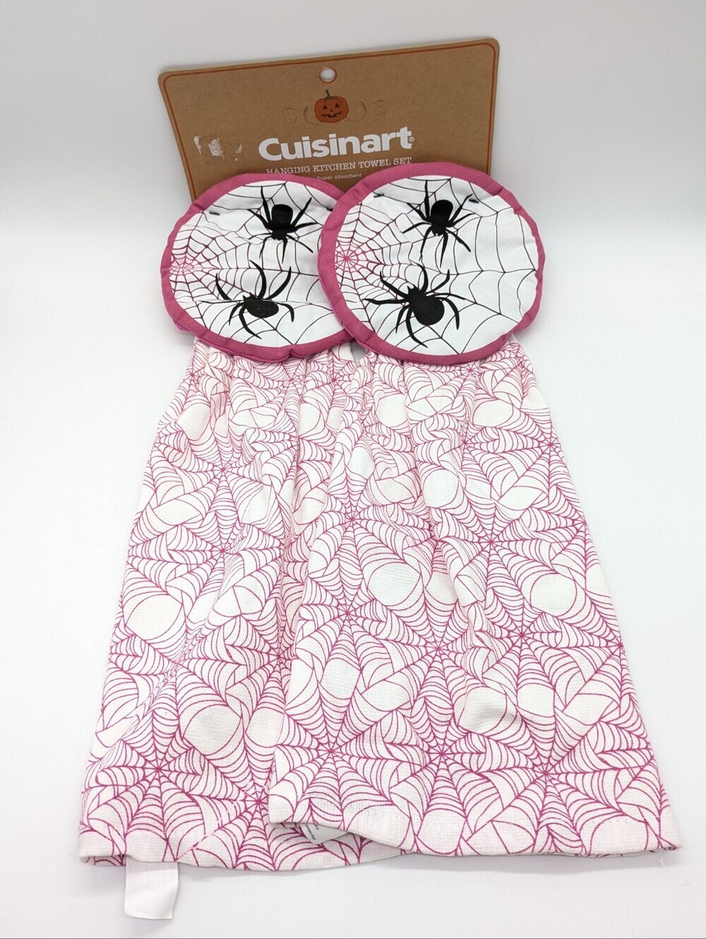 NWT Cuisinart White Purple Black Halloween Spider Hanging Kitchen Towel Set Of 2